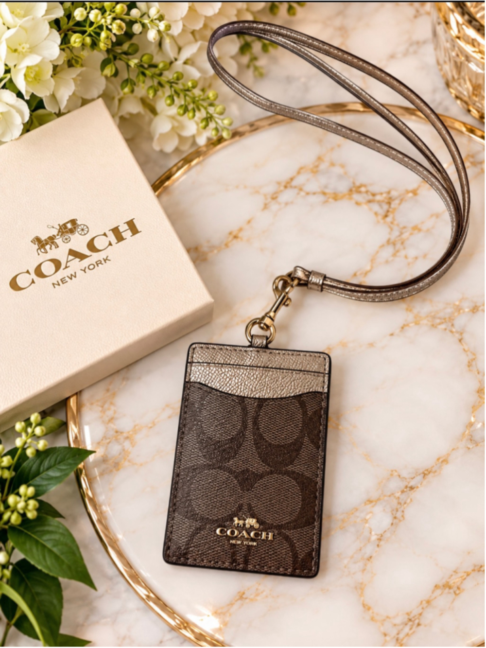 Women's Coach Signature Logo ID Lanyard Card Holder in Brown and Gold